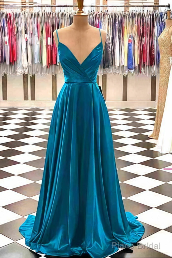 A-line V Neck Spaghetti Straps Sweep Train Charmeuse Prom Dresses With Pleated