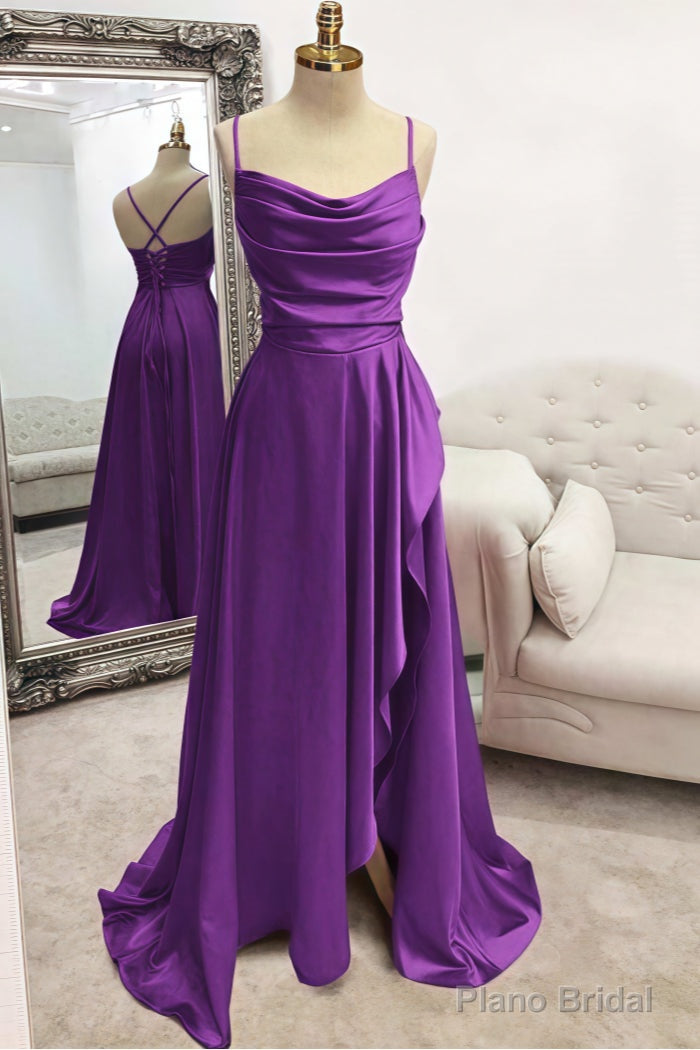 A-line Bateau Spaghetti Straps Long/Floor-Length Satin Prom Dresses With Pleated Split