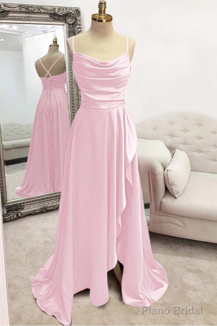 A-line Bateau Spaghetti Straps Long/Floor-Length Satin Prom Dresses With Pleated Split
