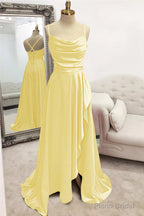 A-line Bateau Spaghetti Straps Long/Floor-Length Satin Prom Dresses With Pleated Split