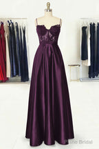 A-line Sweetheart Spaghetti Straps Long/Floor-Length Satin Prom Dresses With Appliqued Pockets