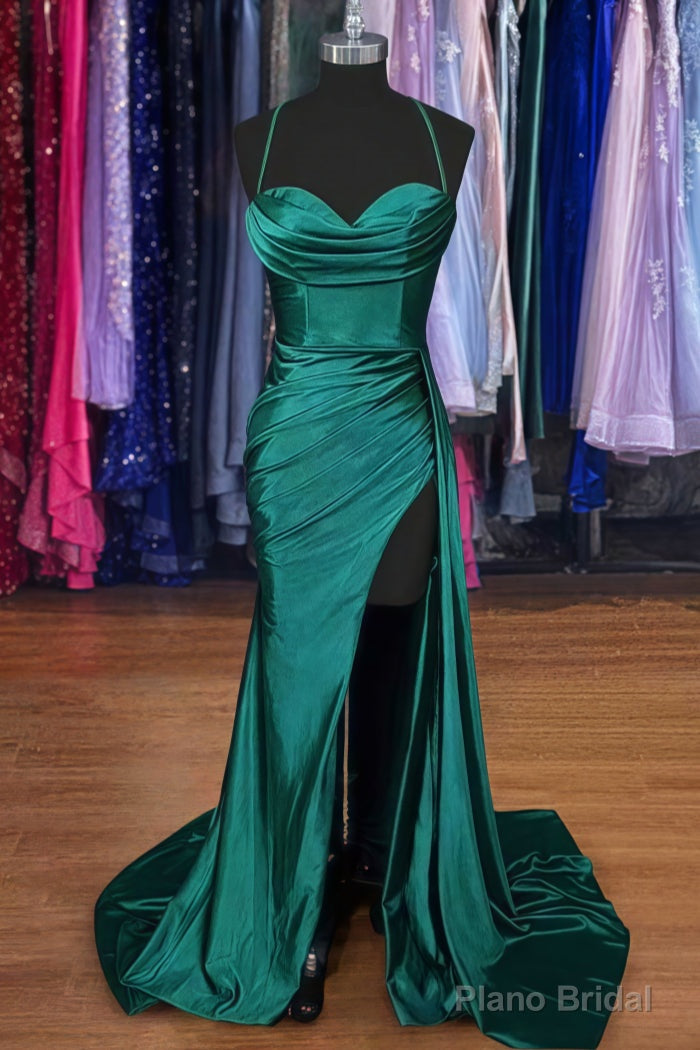 A-line Sweetheart Spaghetti Straps Sweep Train Silk like Satin Ruched Prom Dresses Secondary image
