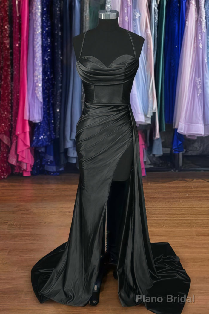 A-line Sweetheart Spaghetti Straps Sweep Train Silk like Satin Ruched Prom Dresses