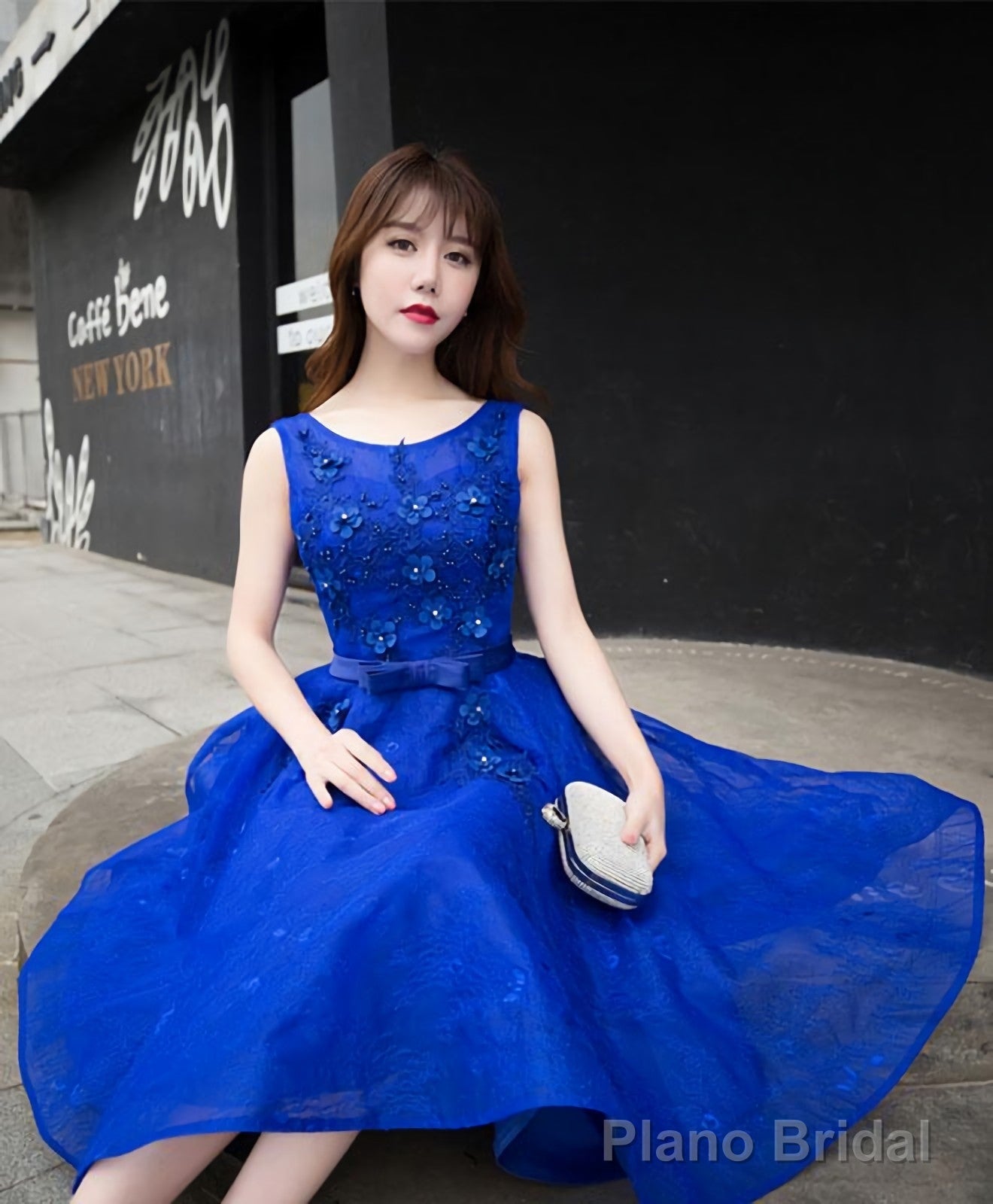 Royal Blue Lace A Line Short Prom Dress Evening Dress Main image