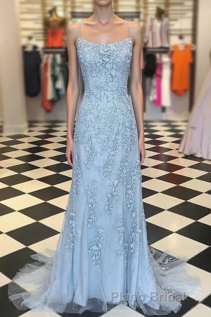 Blue Spaghetti Straps Backless Appliques Formal Prom Dresses
