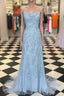Blue Spaghetti Straps Backless Appliques Formal Prom Dresses