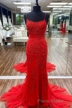 Blue Spaghetti Straps Backless Appliques Formal Prom Dresses