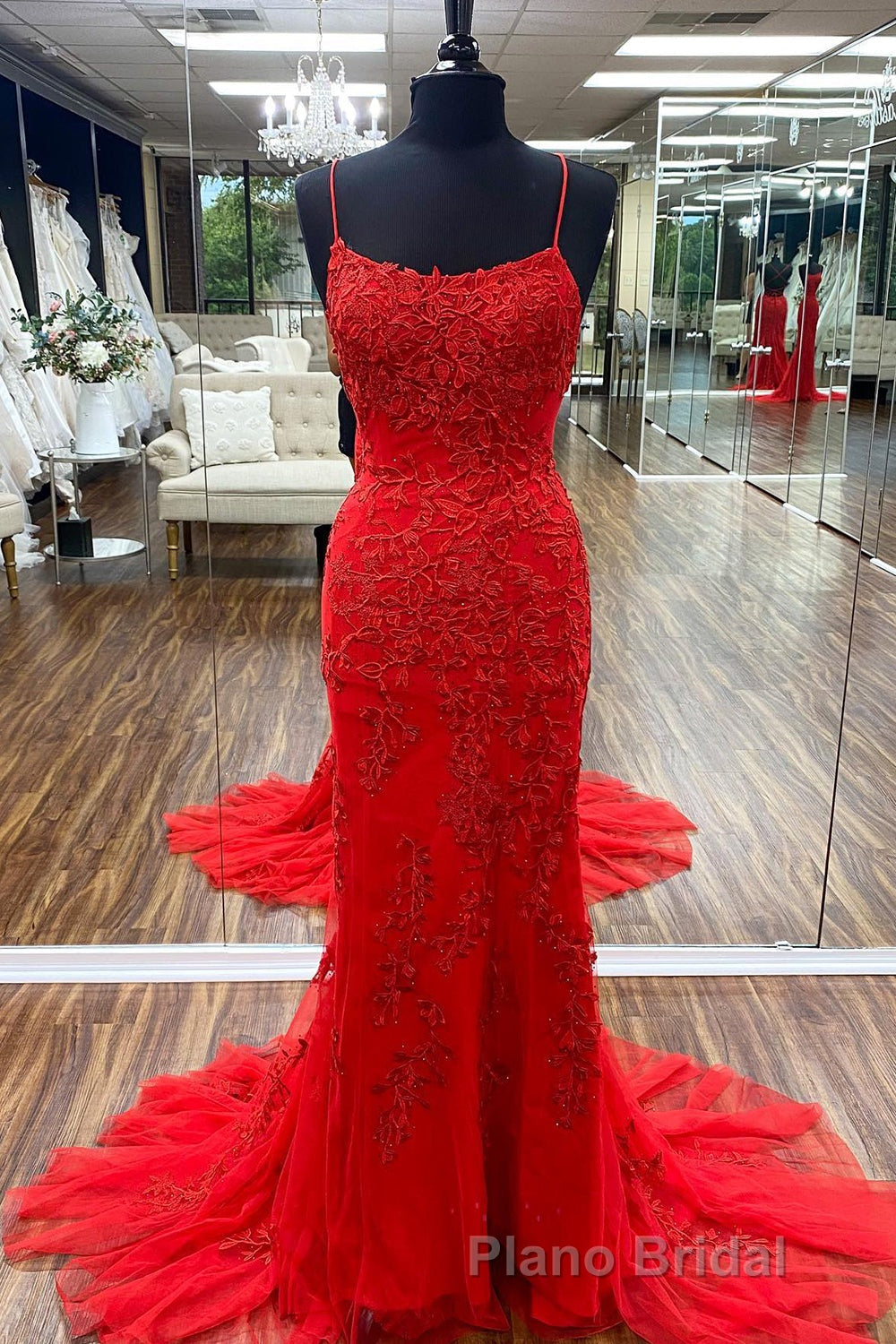 Blue Spaghetti Straps Backless Appliques Formal Prom Dresses