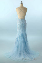 Blue Spaghetti Straps Backless Appliques Formal Prom Dresses