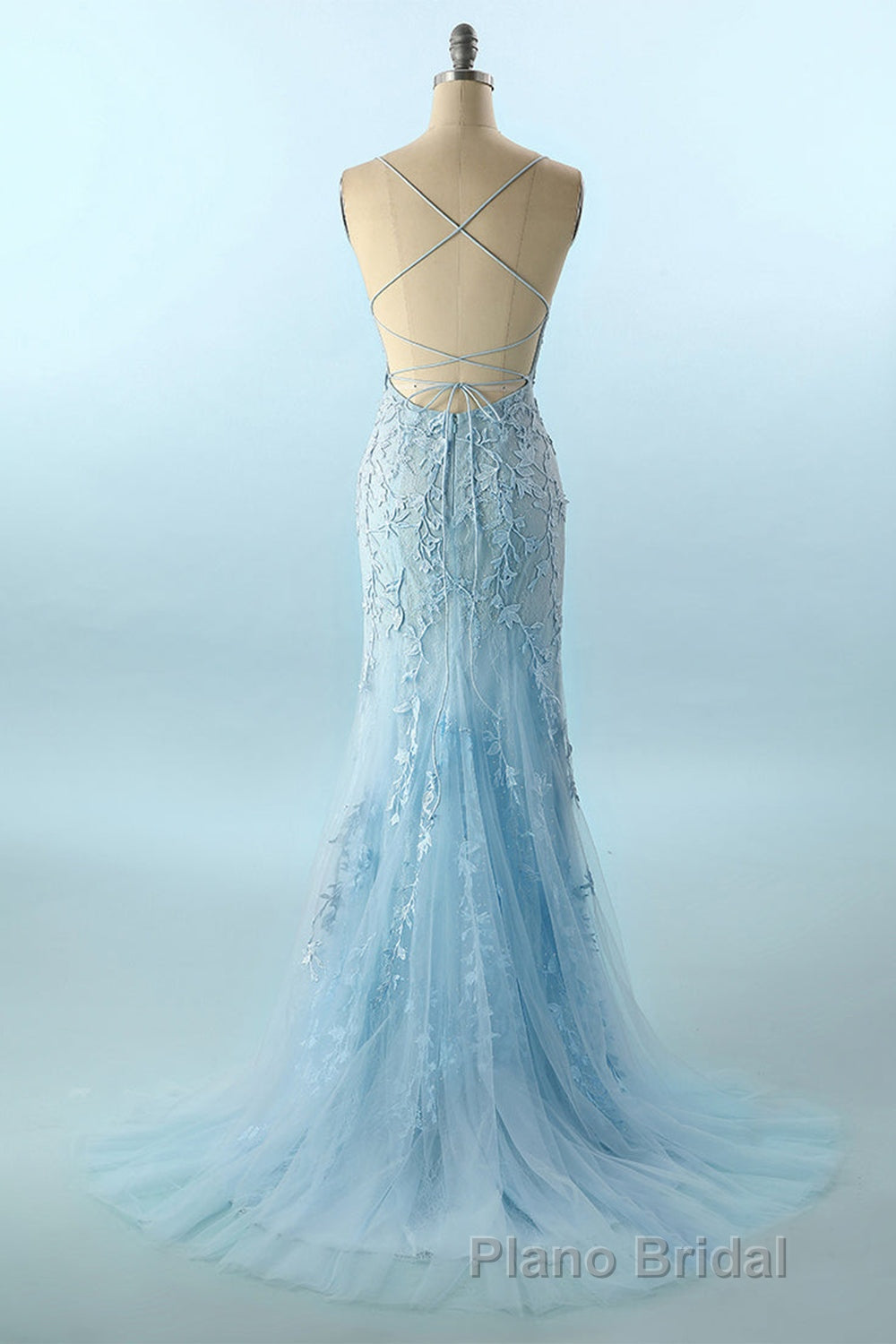 Blue Spaghetti Straps Backless Appliques Formal Prom Dresses