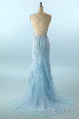 Blue Spaghetti Straps Backless Appliques Prom Dress
