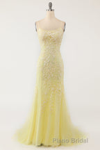 Blue Spaghetti Straps Backless Appliques Formal Prom Dresses