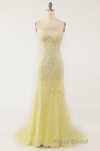 Blue Spaghetti Straps Backless Appliques Formal Prom Dresses