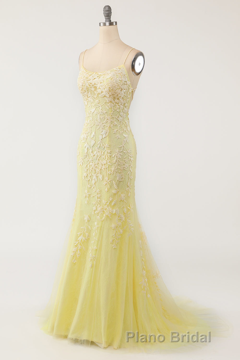 Blue Spaghetti Straps Backless Appliques Formal Prom Dresses