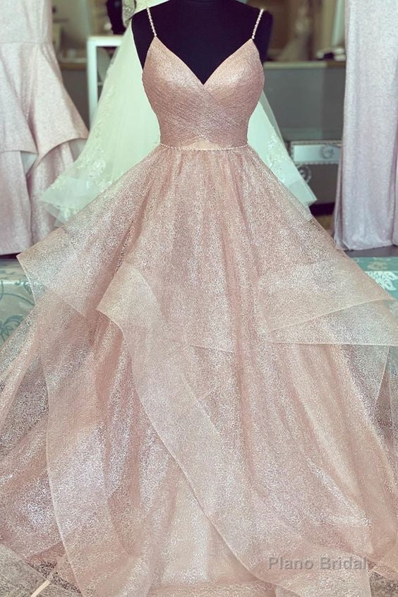 rose gold ruffled long prom dress with pleated bodice Main image