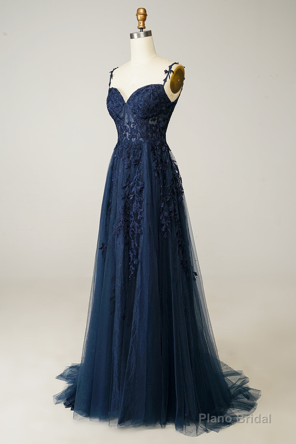 A Line Spaghetti Straps Navy Prom Dress with Appliques Main image