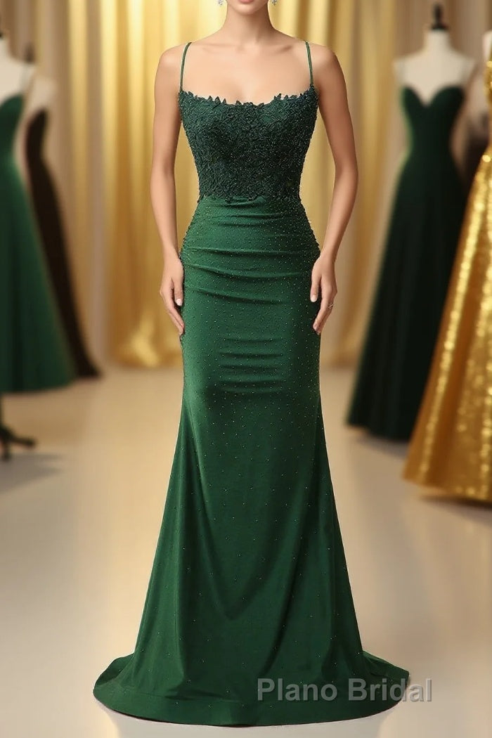 Sparkly Dark Green Beaded Long Formal Prom Dresses with Appliques