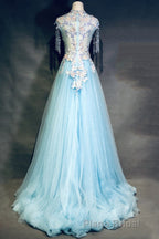 Modest Square Neckline Beading Appliques Sky Blue Long Formal Prom Dresses Pageant Gown