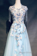 Modest Square Neckline Beading Appliques Sky Blue Long Formal Prom Dresses Pageant Gown