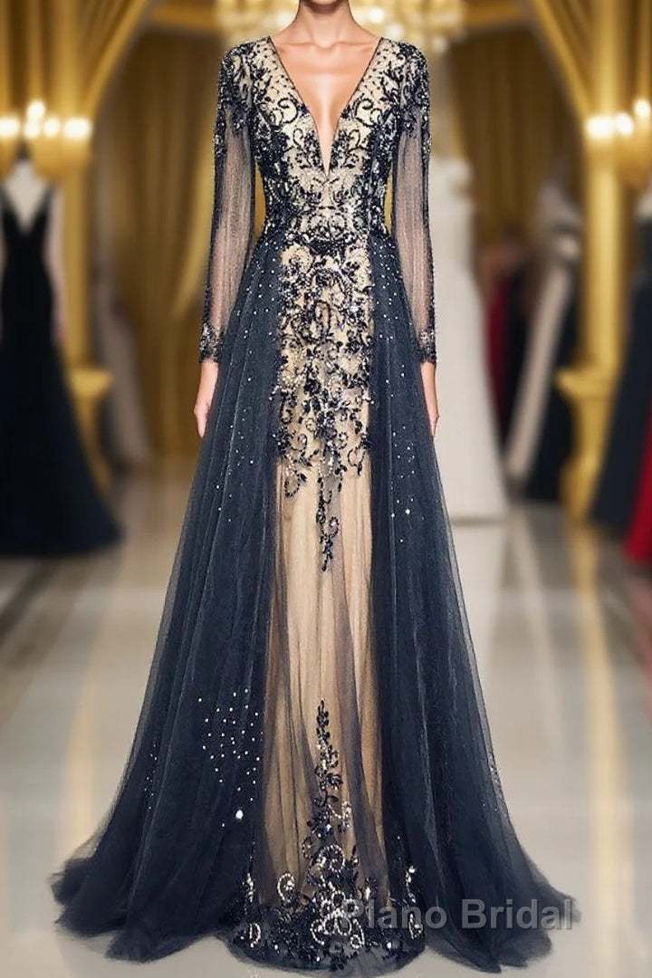 Luxury Long Sleeves V-neck Long Formal Prom Dresses Overskirt Mother Prom Dresses Main image