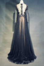 Luxury Long Sleeves V-neck Long Formal Prom Dresses Overskirt Mother Prom Dresses