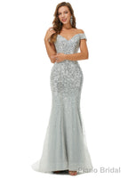 Off Shoulder Mermaid Evening Dresses, Luxurious Silver Bead Trumpet Formal Prom Dress
