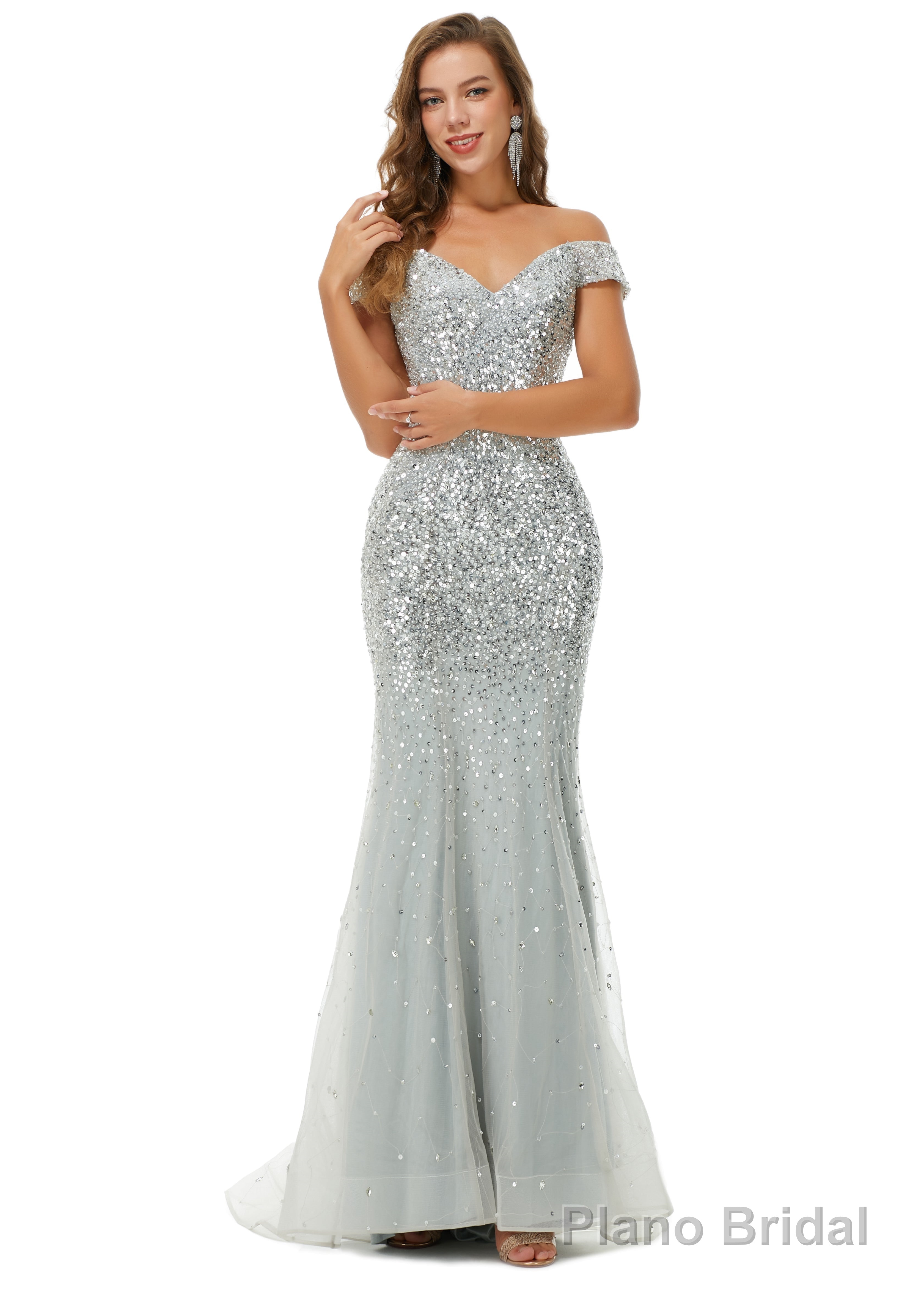 Off Shoulder Mermaid Evening Dresses, Luxurious Silver Bead Trumpet Formal Prom Dress