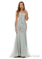 Off Shoulder Mermaid Evening Dresses, Luxurious Silver Bead Trumpet Formal Prom Dress