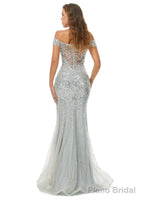 Off Shoulder Mermaid Evening Dresses, Luxurious Silver Bead Trumpet Formal Prom Dress