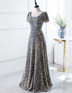 A-Line Square Long Evening Dress with Sequins