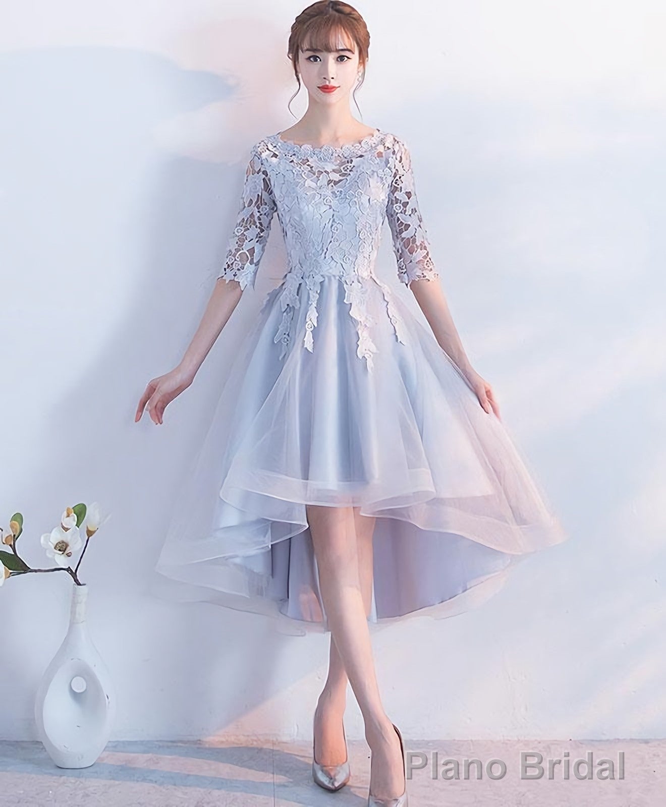 Gray Lace Tulle High Low Prom Dress Lace Evening Dress