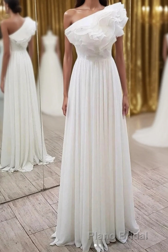 Elegant Ruffles One Shoulder Long Formal Prom Dresses, Chiffon Long Prom Dresses Main image