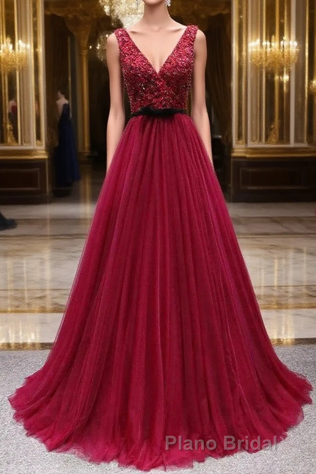 Elegant A-line V-neck Long Formal Prom Dresses Tulle Appliques Beaded Prom Dresses Main image