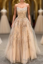 Hottest Elegant Spaghetti Straps Backless Lace Long Princess Formal Prom Dresses For Teens