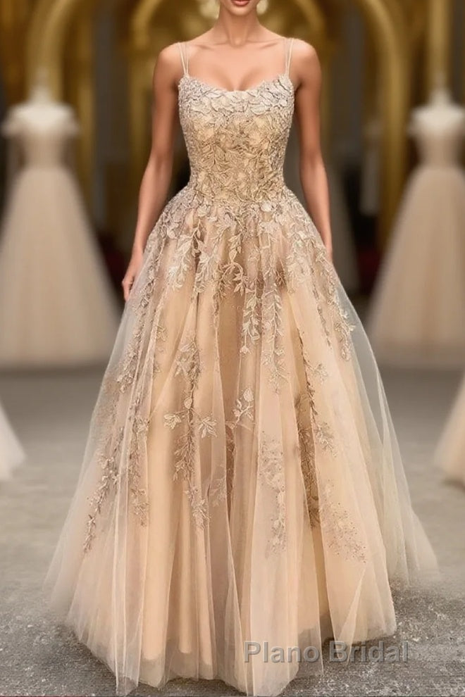 Hottest Elegant Spaghetti Straps Backless Lace Long Princess Formal Prom Dresses For Teens