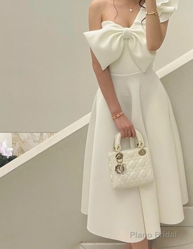 Simple Tea Length Elegant Bow White Prom Dresses Main image