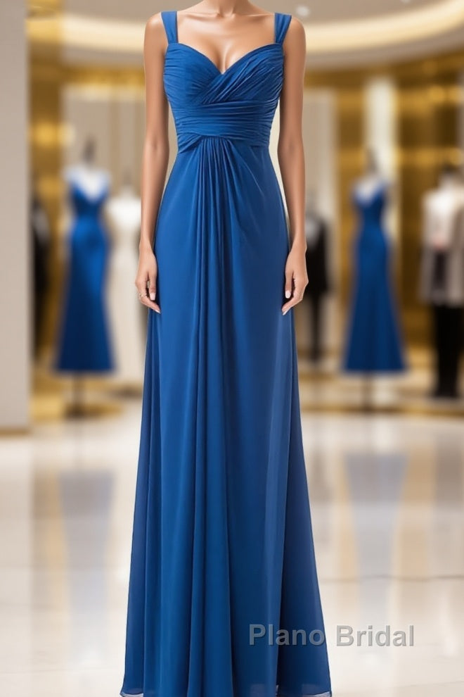 Simple Cheap Blue Sweetheart Long Ruffles Chiffon Bridesmaid Dresses Main image