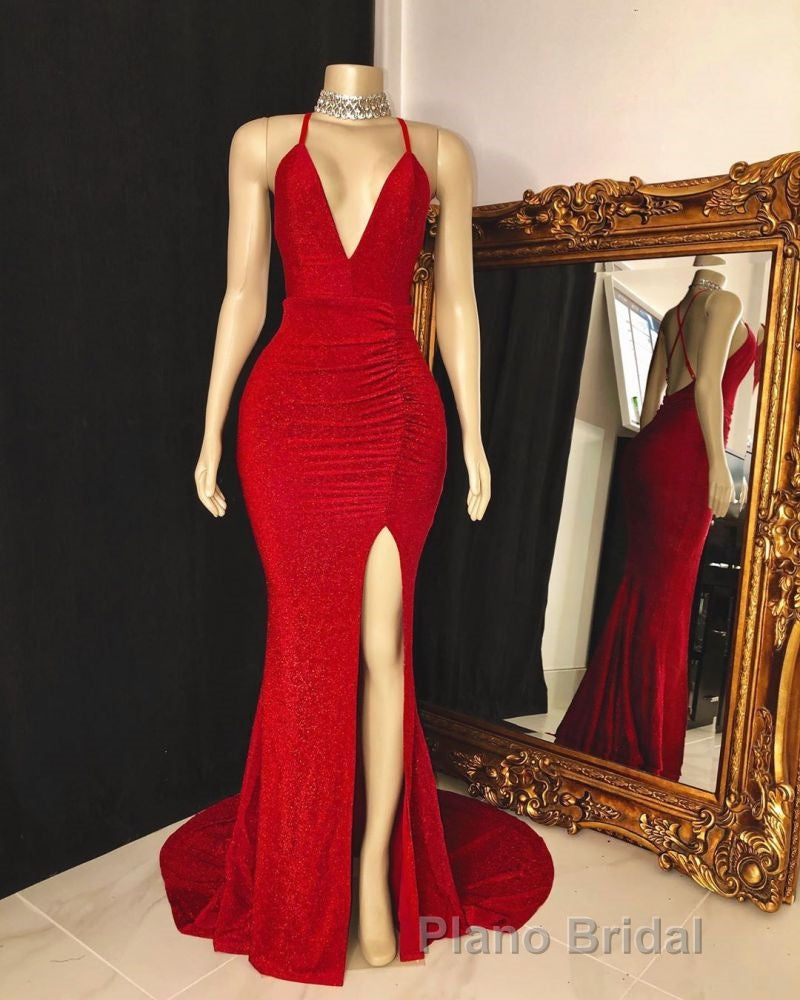 V-neck Cross Back Sleeveless Long Mermaid Formal Prom Dresses