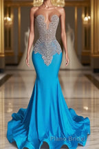 Ocean blue sleeveless mermaid Formal Prom dress with long beadings
