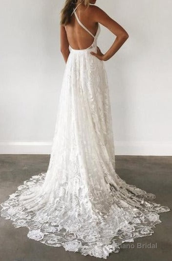 Charming Ivory Lace A Line Spaghetti Straps Backless Side Slit Beach Wedding Dresses Secondary image