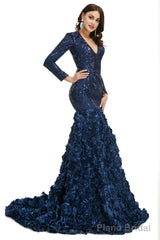 Prom Dresses, Long V Neck Prom Gowns Full Sleeve Formal Dresses, Floor Length Dress