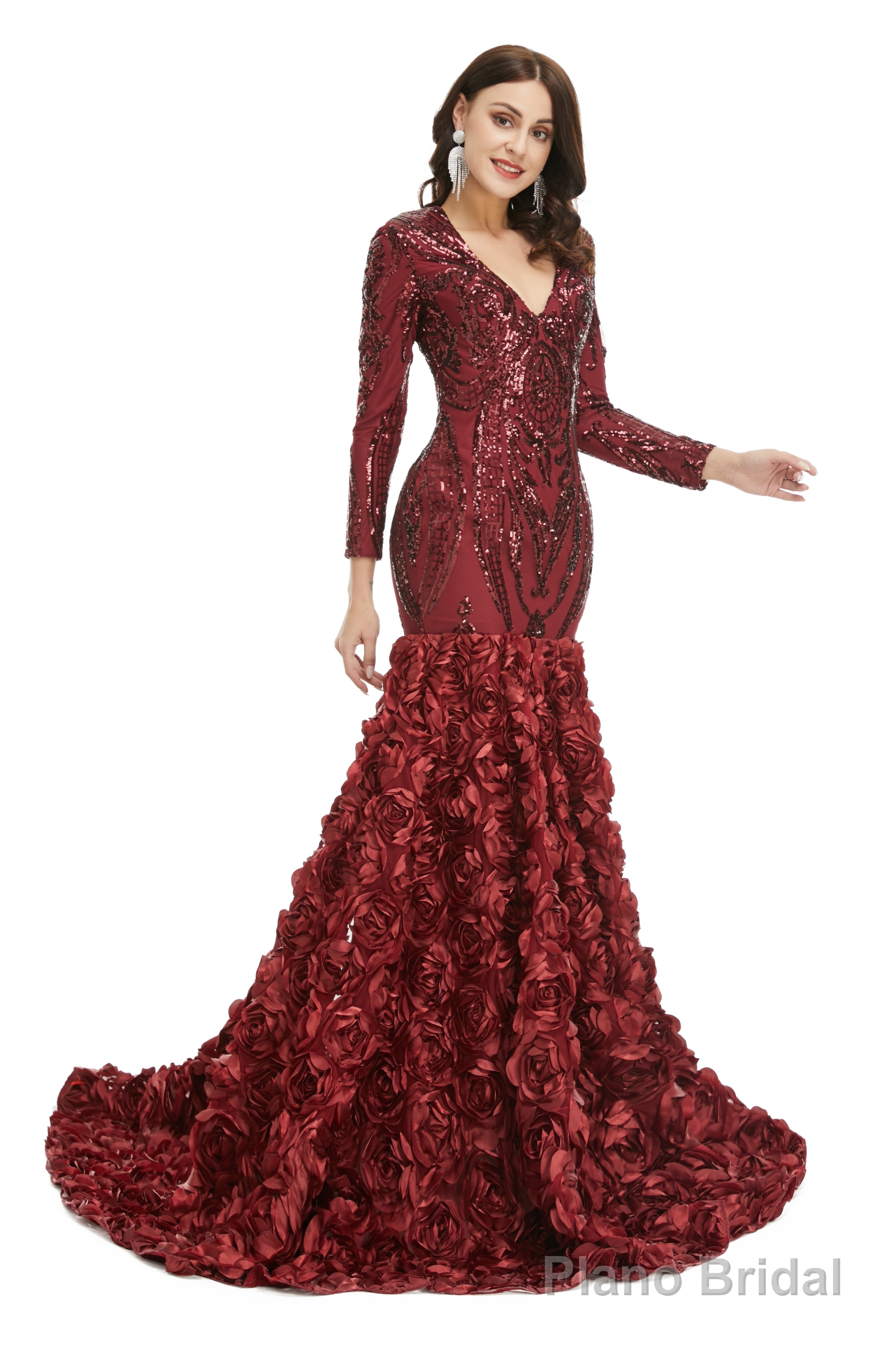 Prom Dress, Long V Neck Prom Gowns Full Sleeve Formal Dresses, Floor Length Dress