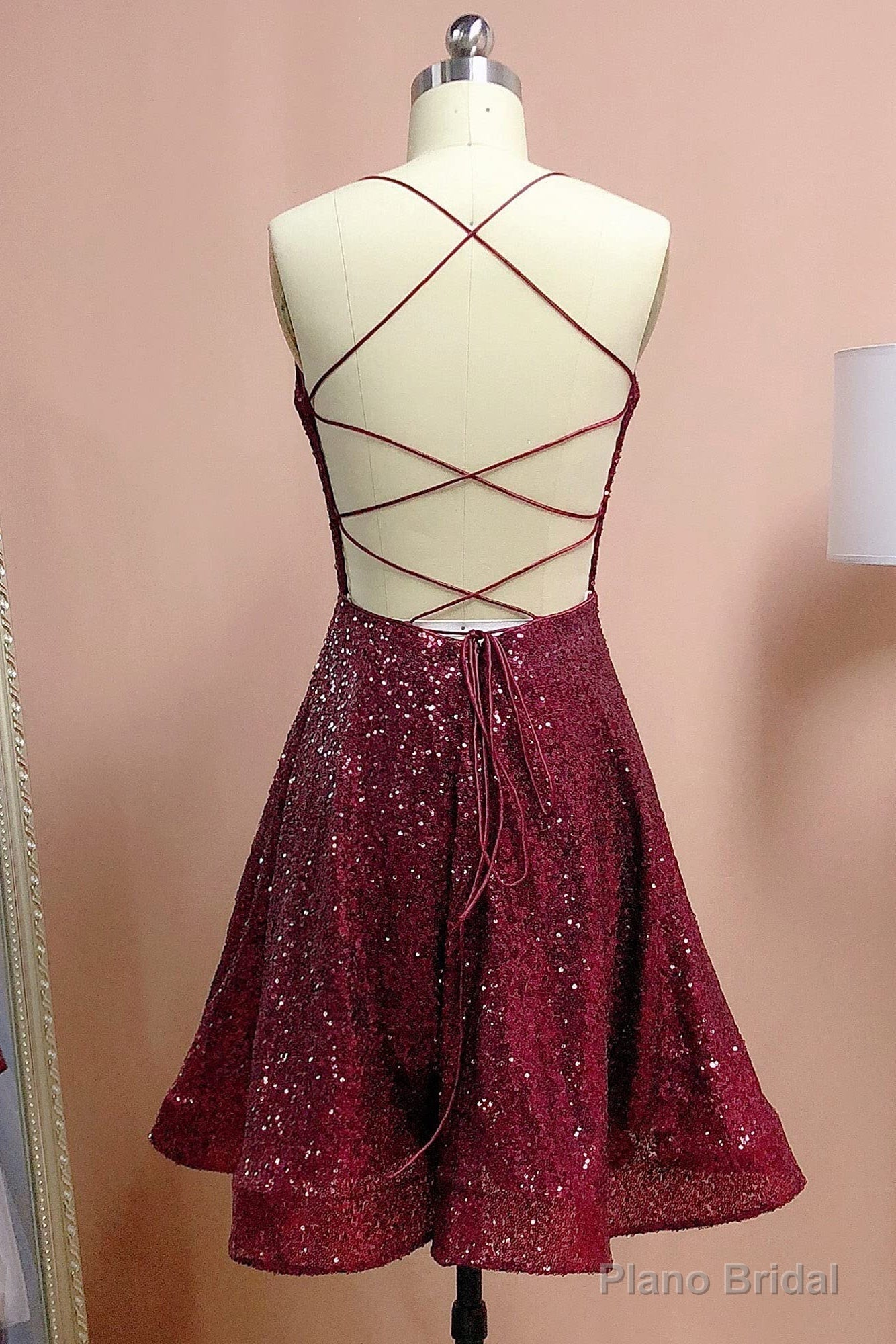 Burgundy Spaghetti Straps Sleeveless A Line Sequins Homecoming Dresses Secondary image