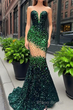 V-Neck Sequins Formal Prom Dress Mermaid Sleeveless Crystal.