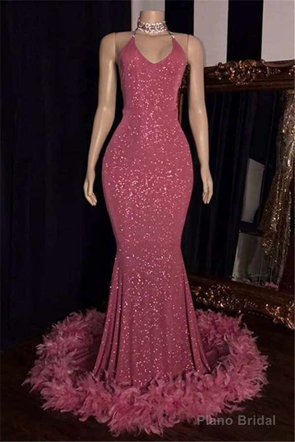 2025 Charming Mermaid Prom Dresses, Hot Pink Sequence With Feathers Halter Backless