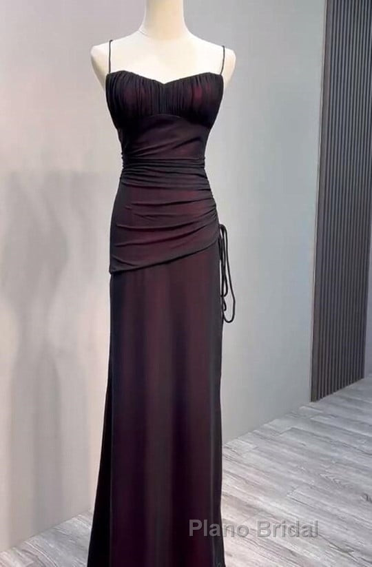 Black And Red Mermaid Straps Long Evening Dress, Long Formal Prom Dress With Leg Slit
