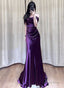 Purple Satin Off Shoulder Long Evening Dress, Purple Satin Prom Dress