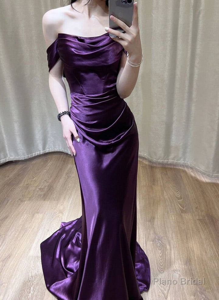 Purple Satin Off Shoulder Long Evening Dress, Purple Satin Prom Dress Secondary image