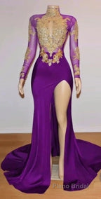 Unique Formal Prom Dresses, Long Sleeve High Neck Beaded Split Formal Prom Dresses
