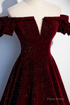 Burgundy Velvet Long Prom Dresses, Off the Shoulder Formal Evening Dresses